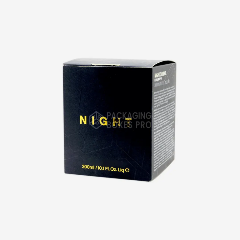 black candle box with metallic gold foil lettering
