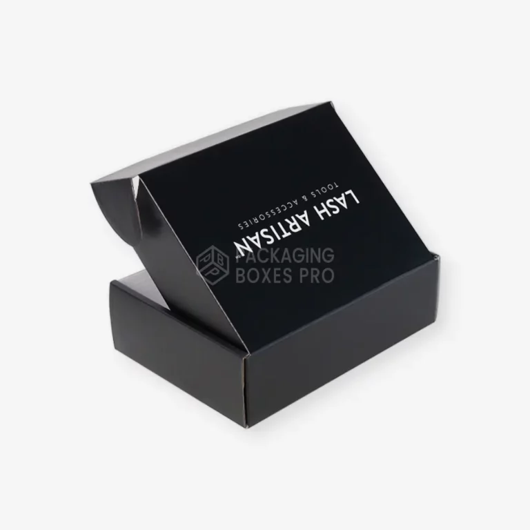 black corrugated box with white letter printing