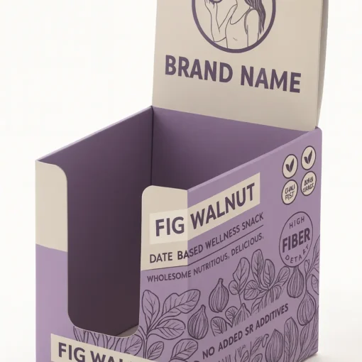 grayish-purple display box with cutout at front