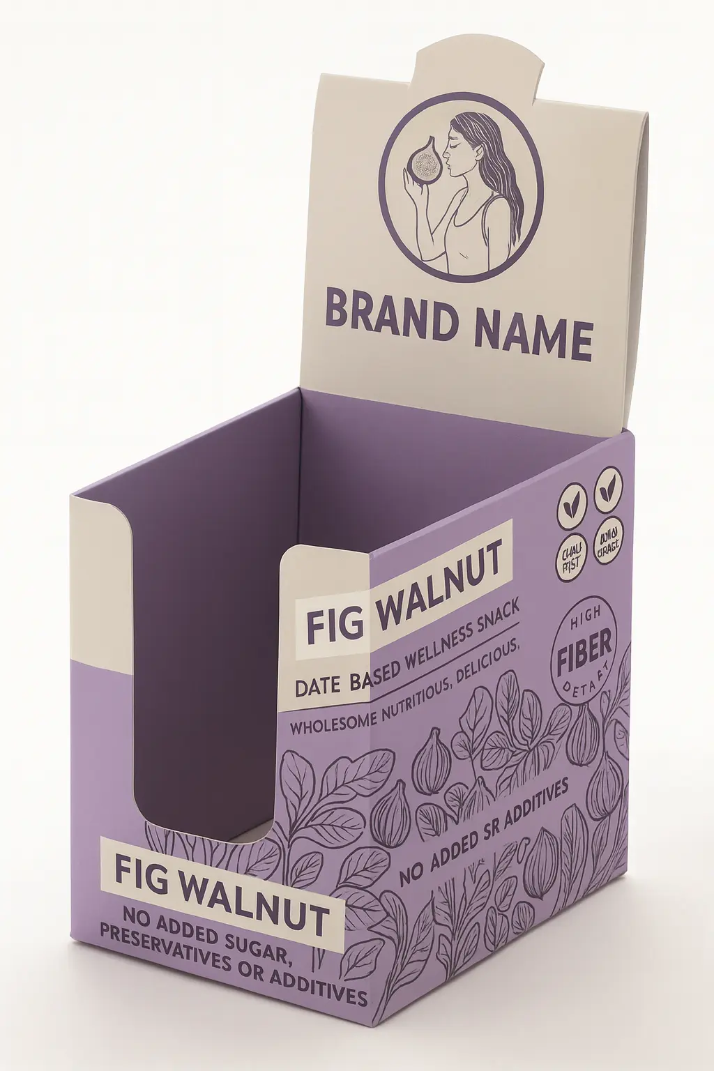 Custom Counter Display Boxes Packaging 1 grayish-purple display box with cutout at front