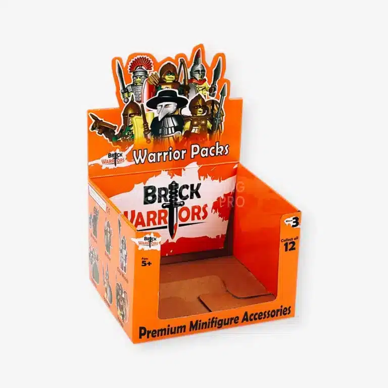corrugated countertop display printed in orange color and cut die cut