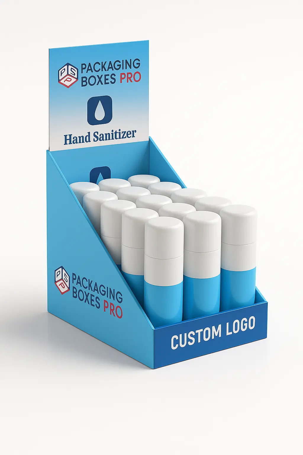 Custom Counter Display Boxes Packaging 4 blue display box for sanitizer bottle