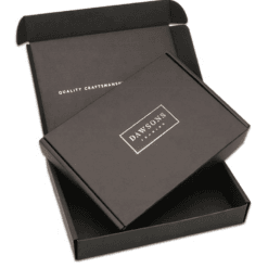 black corrugated box with gold metallic print