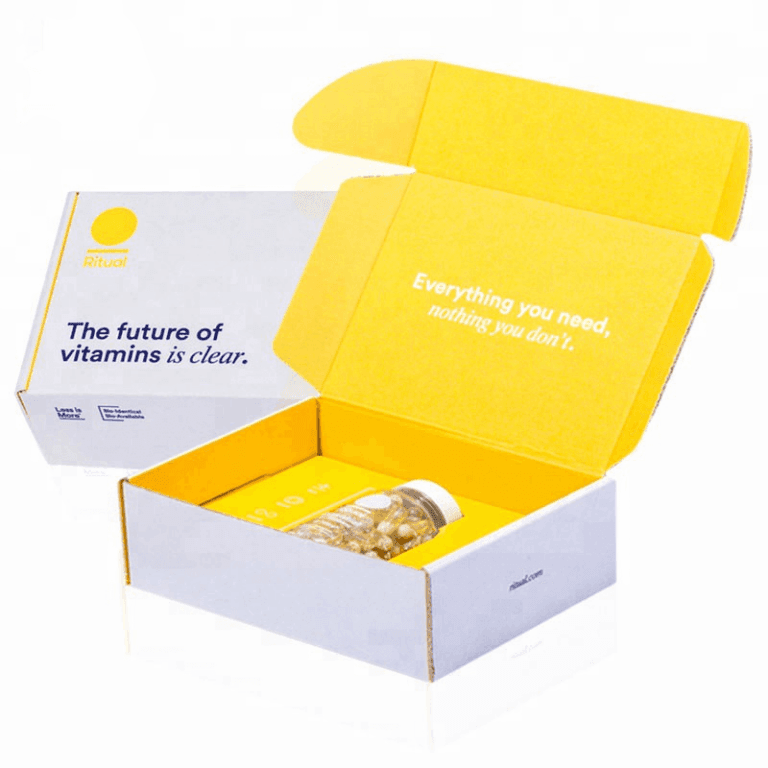 white and yellow printed mailer box with insert