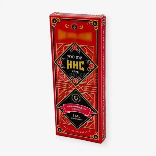 red vape pen box with gold lettering and pattern