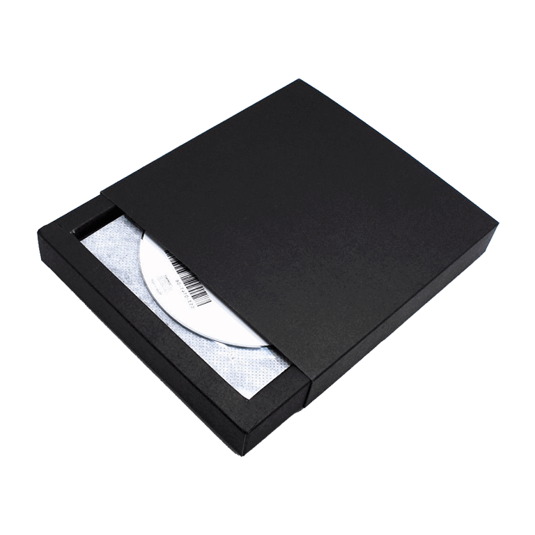 tray and sleeve style cd packaging box in black paperboard