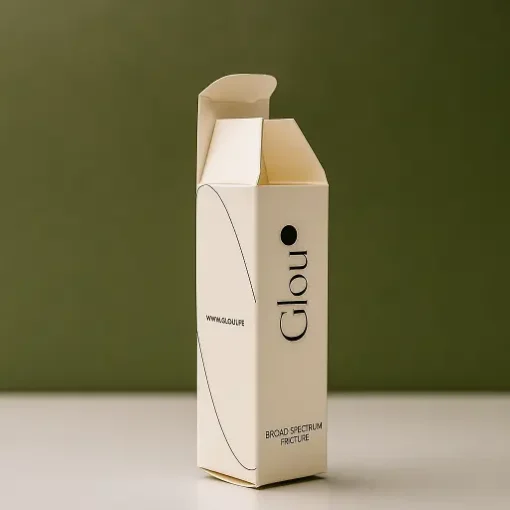 white folding carton printed with black text and logo