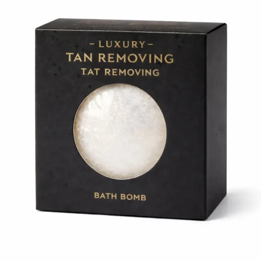 Custom Bath Bomb Packaging Boxes 5 Luxury custom bath bomb packaging box with black finish, gold foil lettering and die-cut window.