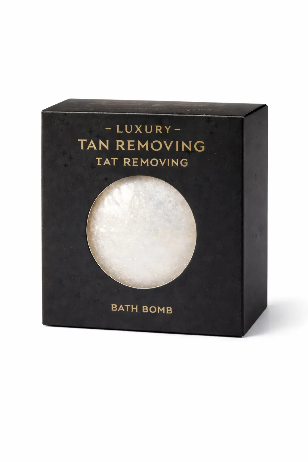 Custom Bath Bomb Packaging Boxes 2 Luxury custom bath bomb packaging box with black finish, gold foil lettering and die-cut window.