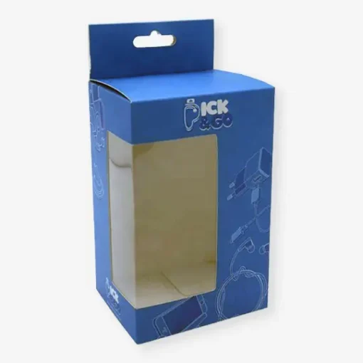 Custom hang tab packaging in blue color, ideal for tech accessories and retail items.