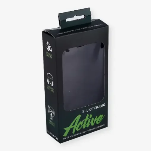 Customized hang tab packaging for headphones, featuring vibrant printing and retail-ready design.