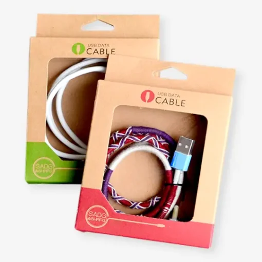 Eco-friendly hang tab boxes made from kraft paper, featuring a large window for product visibility.