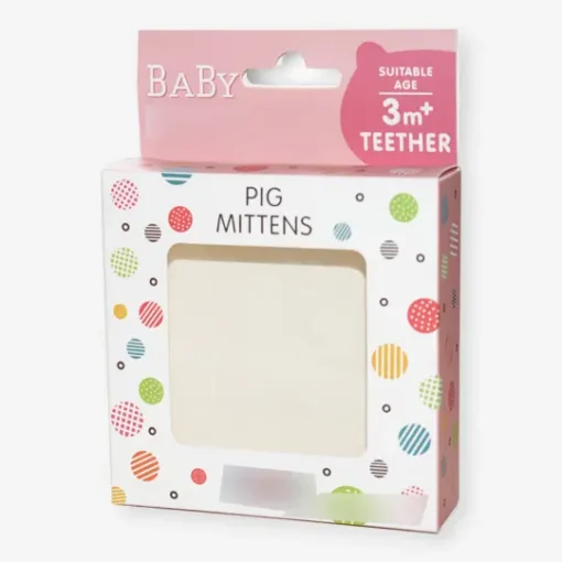 Luxury custom hang tab packaging for baby mittens, decorated with colorful patterns and a window.
