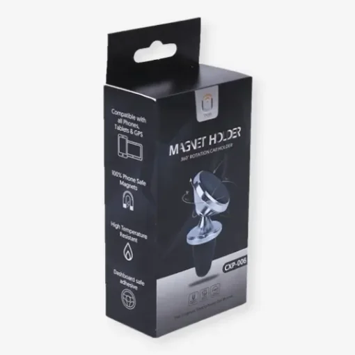 Retail hang tab boxes for tech gadgets, with a secure hang tab and stylish black packaging.