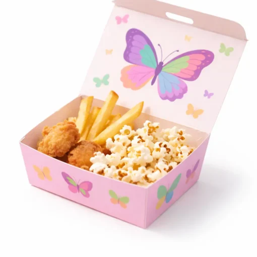 colorful printed food packaging boxes for nuggets, fried and popcorns