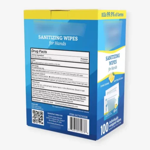 Dispenser Packaging Boxes 8 Back view of dispenser box packaging for hand sanitizing wipes, showing drug facts and product details on the panel.
