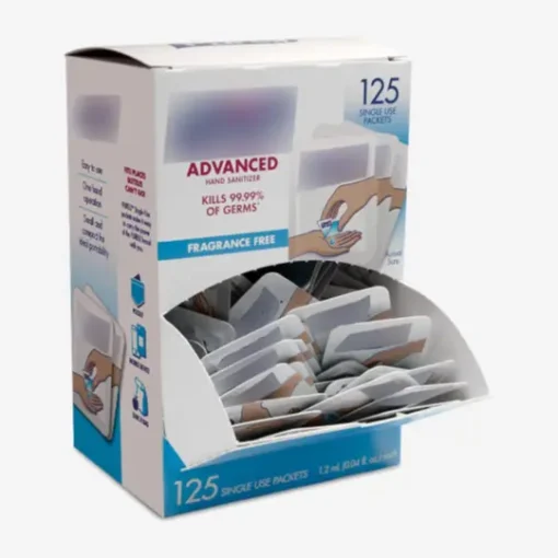 Fragrance-free hand sanitizer sachets displayed in a custom front-opening dispenser box designed for single-use packets.