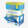 Moisturizing hand sanitizing wipe sachets displayed in a functional dispenser box with side-opening for convenience.