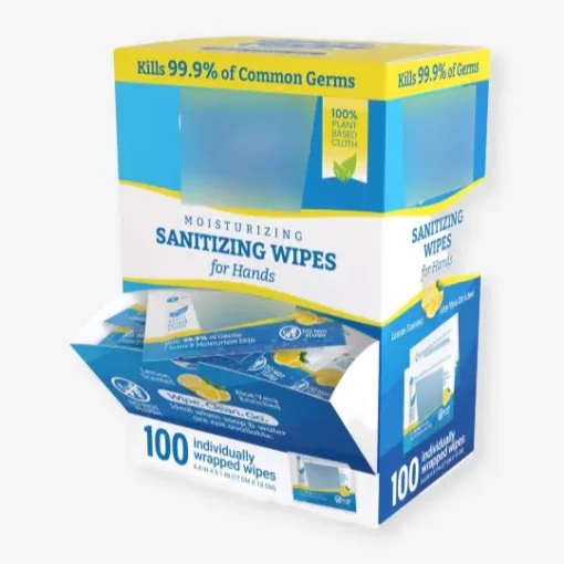 Dispenser Packaging Boxes 9 Moisturizing hand sanitizing wipe sachets displayed in a functional dispenser box with side-opening for convenience.