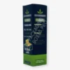 Dark blue essential oil packaging box with green base, dosage info, and peppermint honey flavor design for 1 oz bottle.