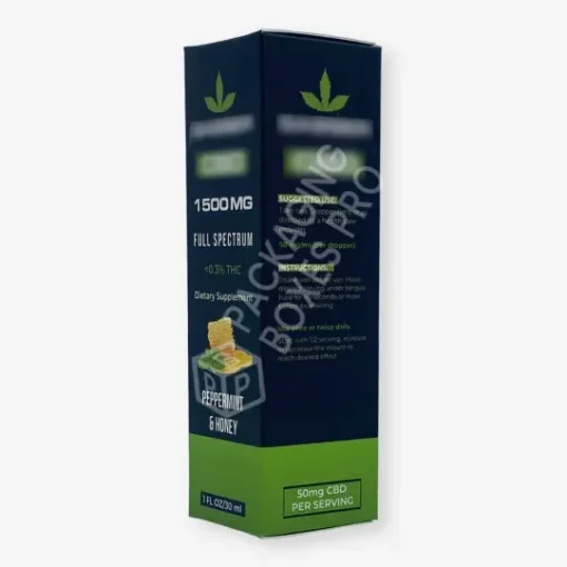 Branded Essential Oil Boxes – Stylish & Secure Packaging 5 Dark blue essential oil packaging box with green base, dosage info, and peppermint honey flavor design for 1 oz bottle.