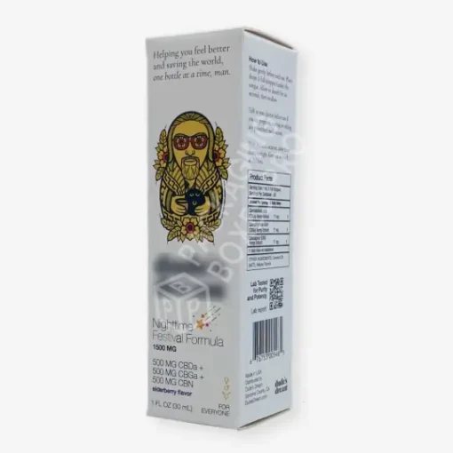 Branded Essential Oil Boxes – Stylish & Secure Packaging 4 White essential oil box with artistic character illustration and supplement panel, designed for 1500mg full-spectrum oil.