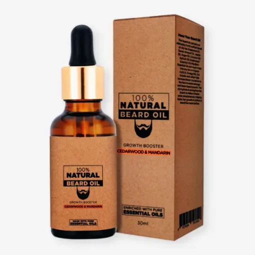 Custom Beard Oil Packaging Boxes – Made for Your Brand 4 Natural kraft beard oil packaging with black print, featuring a dropper bottle and box combo for essential oils.