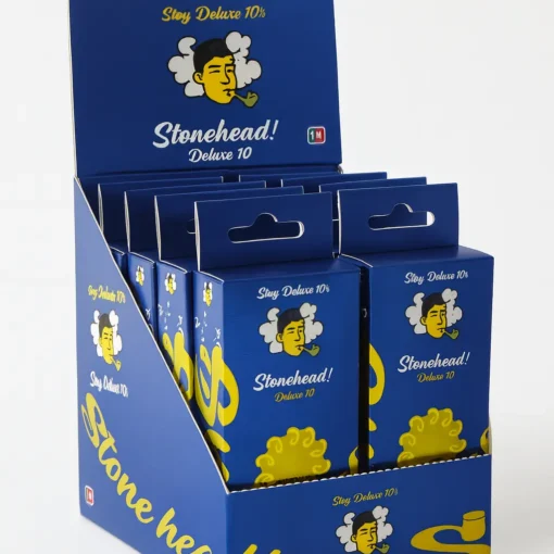 Custom Shelf Ready Packaging 6 stadium cut shelf ready blue carton with yellow printing and shine lamination