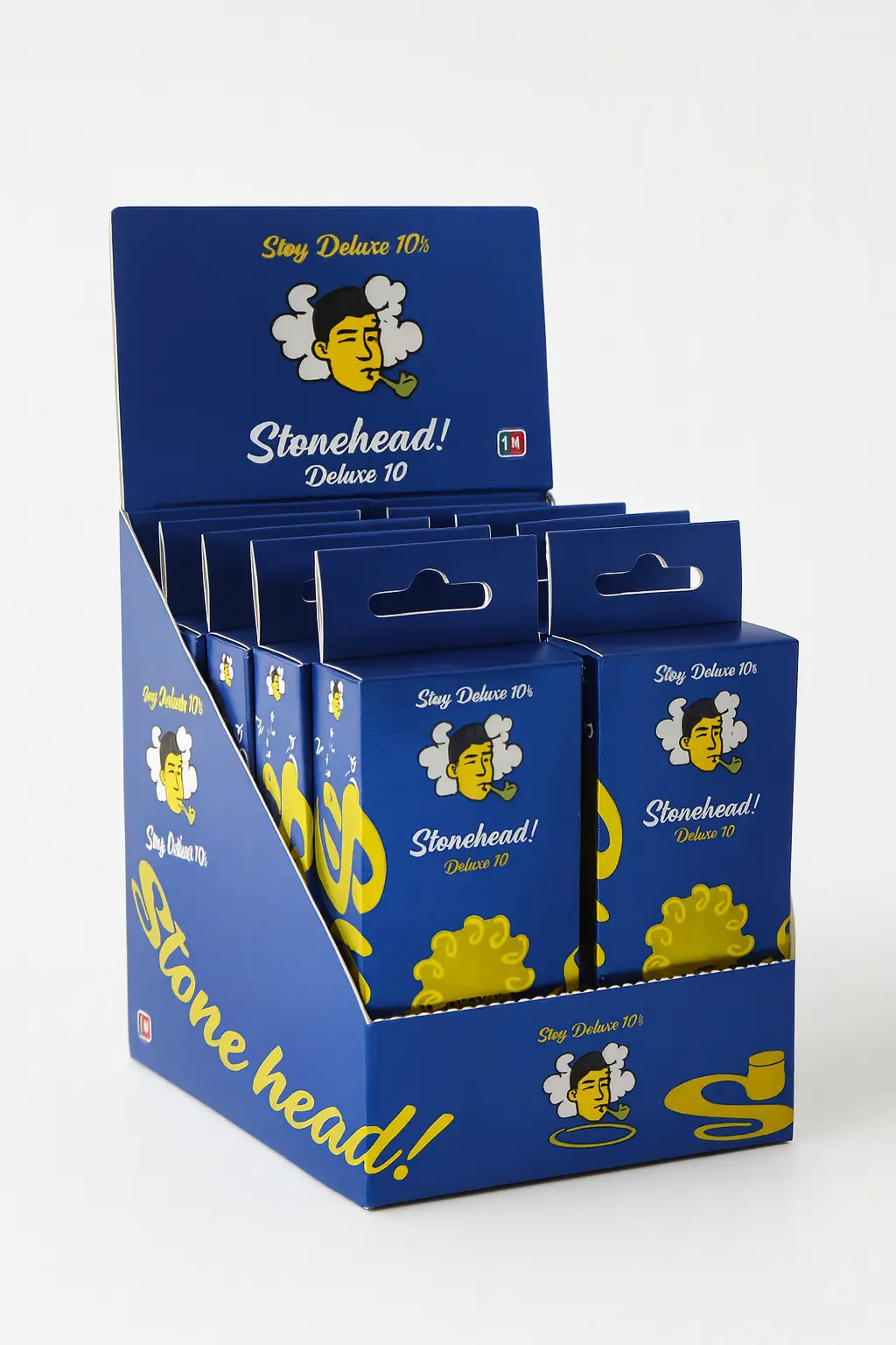 Custom Shelf Ready Packaging 3 stadium cut shelf ready blue carton with yellow printing and shine lamination