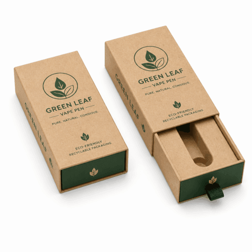 Custom Vape Packaging 6 eco-friendly slide-out drawer vape pen box made from raw recycled kraft paperboard, featuring a closed and an open box with matching insert tray.