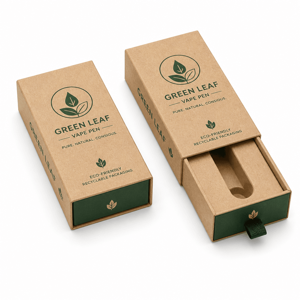 Custom Vape Packaging 3 eco-friendly slide-out drawer vape pen box made from raw recycled kraft paperboard, featuring a closed and an open box with matching insert tray.