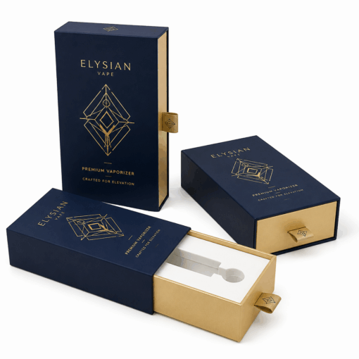 Three premium slide-out drawer custom vape packaging boxes on a white background, showcasing various angles and a geometric emblem design.