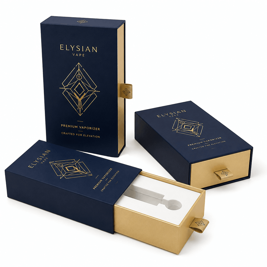 Custom Vape Packaging 1 Three premium slide-out drawer custom vape packaging boxes on a white background, showcasing various angles and a geometric emblem design.