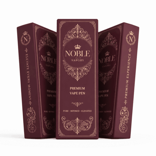 Custom Vape Packaging 7 three empty straight tuck end vape pen boxes with Deep burgundy and rose-gold color scheme with vintage filigree patterns.