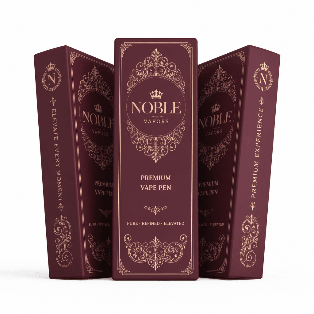 Custom Vape Packaging 4 three empty straight tuck end vape pen boxes with Deep burgundy and rose-gold color scheme with vintage filigree patterns.